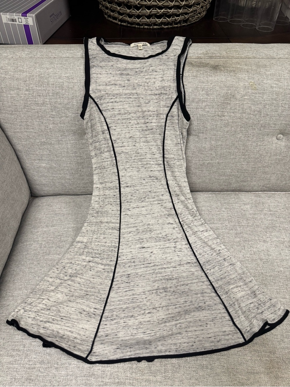 Monteau Gray Sleeveless Asymmetrical Fit-and-Flare Dress with Black Trim